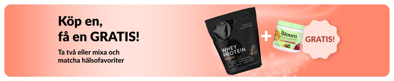 iHerb kampanjbanner som erbjuder köp en, få en gratis på favoriter för välmående, med probiotikatillskott och en droppflaska.