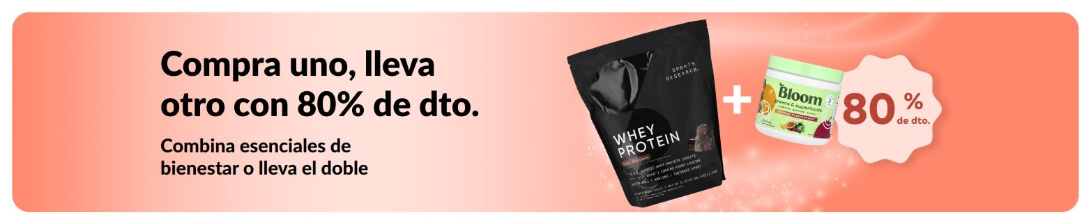 Banner de iHerb con la oferta de “Compra uno, lleva otro con 80% de dto.” en esenciales de bienestar.