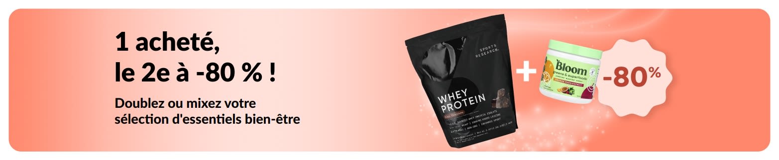 Bannière promotionnelle iHerb offrant une promotion un acheté, un offert sur des essentiels bien-être.