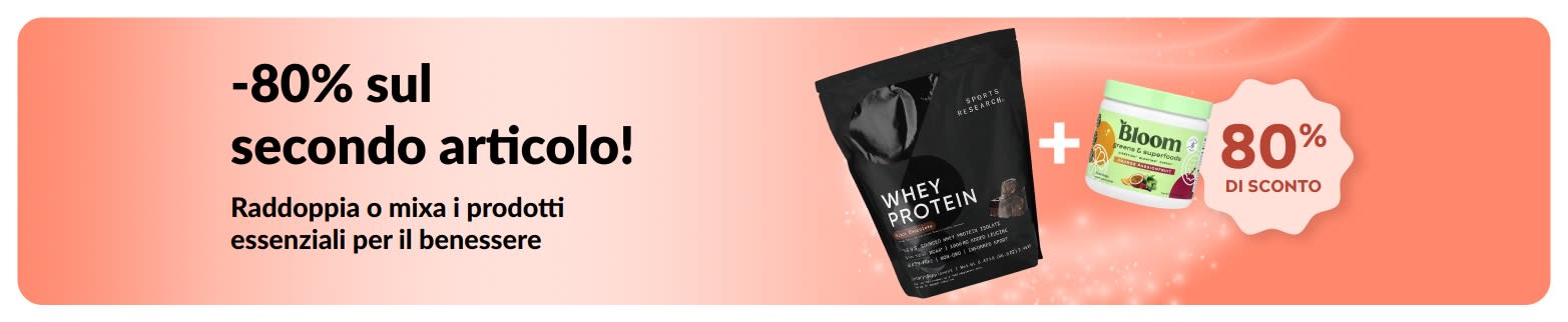 Banner promozionale di iHerb con l'offerta dell'80% di sconto sul secondo prodotto essenziale per il benessere acquistato.