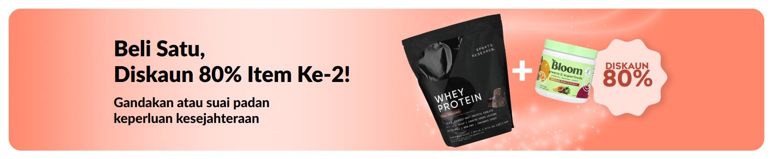 Sepanduk promosi iHerb menawarkan beli satu, diskaun 80% item ke-2 untuk keperluan kesejahteraan.