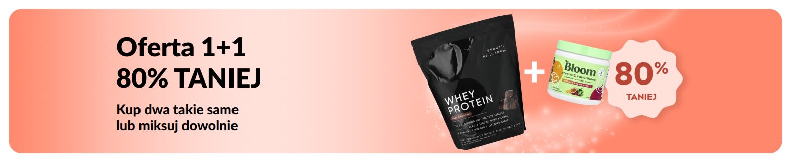 Baner promocyjny iHerb oferujący Ofertę 1+1 80% taniej na niezbędne produkty dla zdrowia.