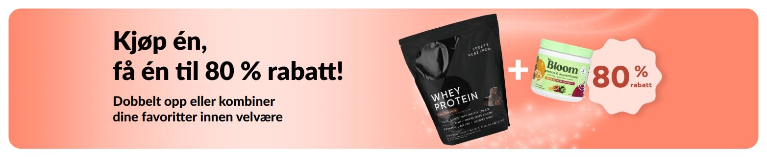 iHerb-kampanjebanner med tilbudet «Kjøp én, få én gratis» på helseprodukter.