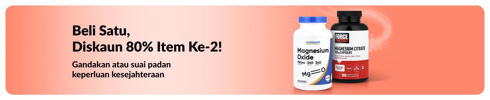 Sepanduk promosi iHerb menawarkan beli satu, diskaun 80% item ke-2 untuk keperluan kesejahteraan.