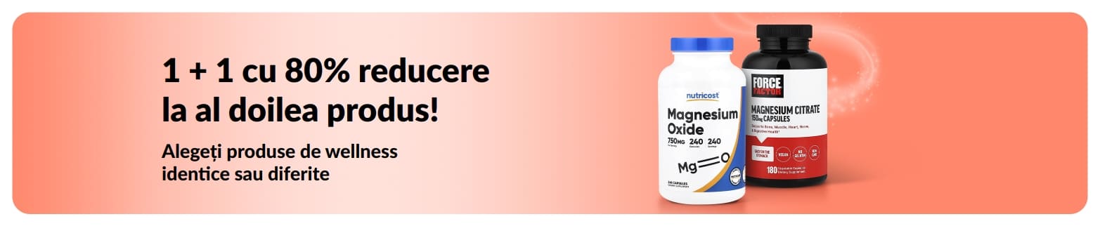 Banner iHerb cu produse esențiale pentru wellness în oferta 1 + 1 cu 80% reducere.