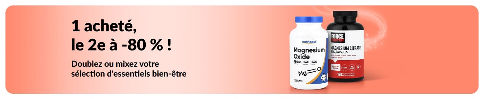 Bannière promotionnelle iHerb offrant une promotion un acheté, un offert sur des essentiels bien-être.