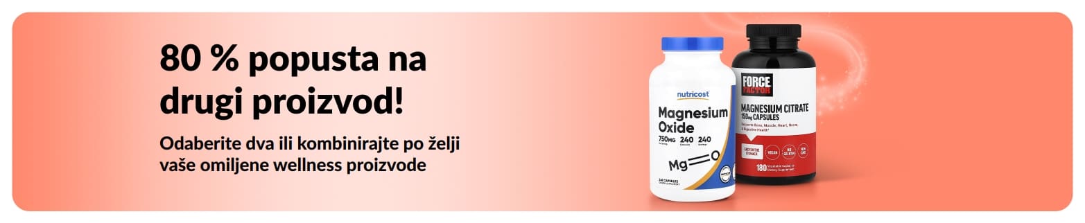 iHerb reklamni natpis za promociju „80 % popusta na drugi proizvod!” s prikazom wellness proizvoda.
