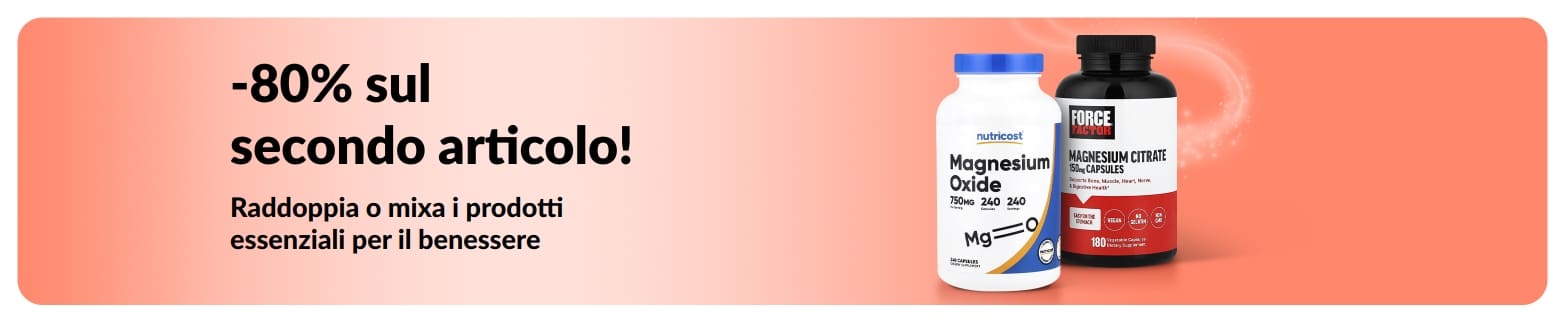 Banner promozionale di iHerb con l'offerta dell'80% di sconto sul secondo prodotto essenziale per il benessere acquistato.