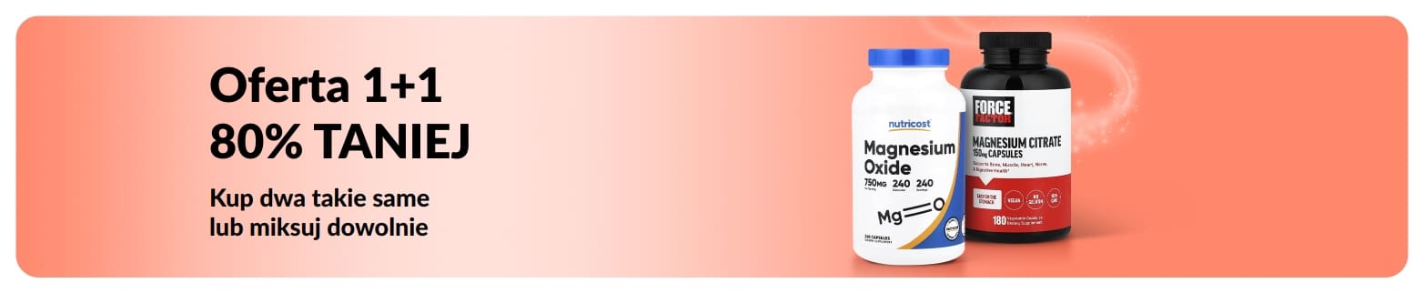 Baner promocyjny iHerb oferujący Ofertę 1+1 80% taniej na niezbędne produkty dla zdrowia.