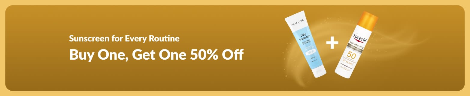 iHerb sunscreen promo banner offering buy one get one 50% off, featuring two SPF skincare products for daily use.