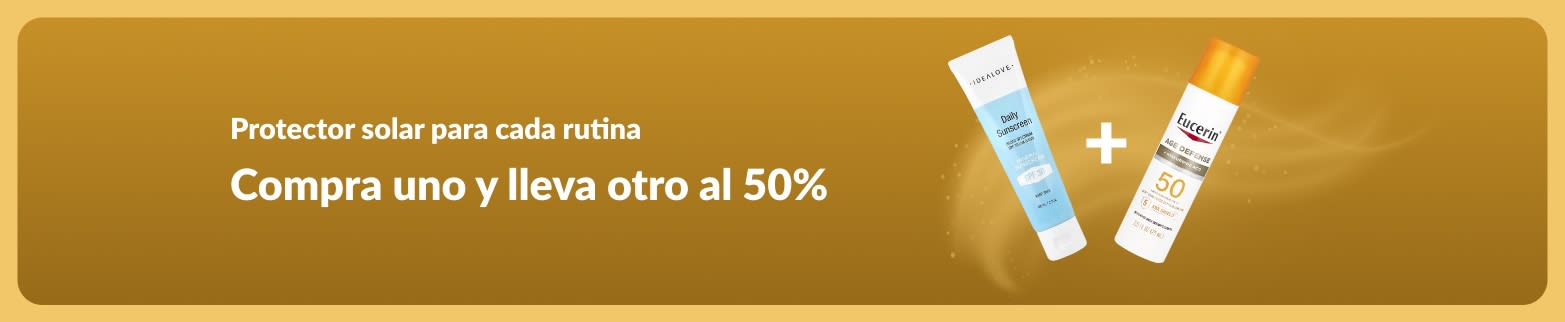 Banner de iHerb con la oferta Compra uno y lleva otro a mitad de precio con protectores solares de uso diario.