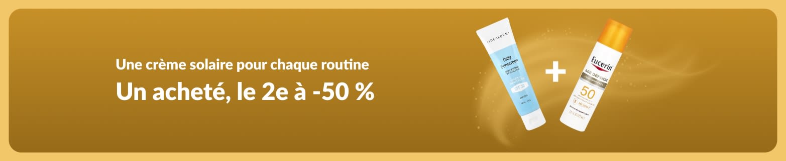 Bannière iHerb : 1 acheté = 1 à -50 % sur les écrans solaires, avec deux soins SPF pour un usage quotidien.