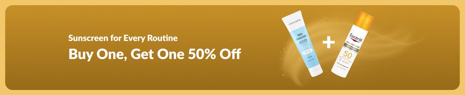 iHerb sunscreen promo banner offering buy one get one 50% off, featuring two SPF skincare products for daily use.