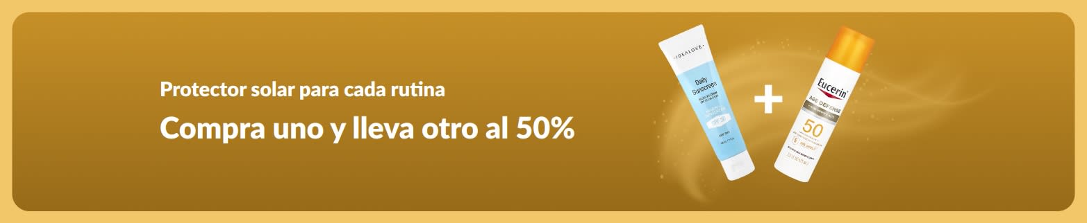 Banner de iHerb con la oferta Compra uno y lleva otro a mitad de precio con protectores solares de uso diario.