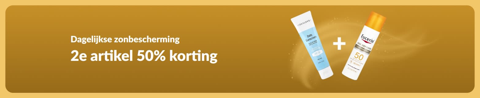 iHerb-promotiebanner voor zonnebrandcrème met een actie: 2e artikel 50% korting. De banner toont twee huidverzorgingsproducten met SPF voor dagelijks gebruik.