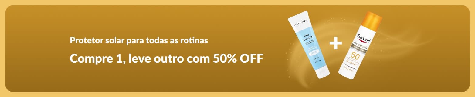 Banner de protetor solar da iHerb oferecendo compre 1, leve outro com 50% OFF, com dois produtos de cuidados com SPF para uso diário.