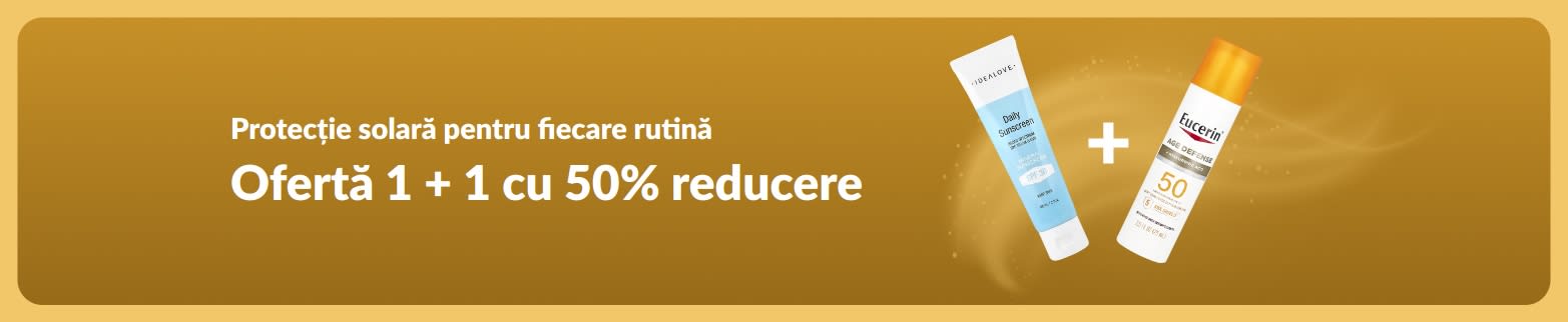 Banner iHerb cu protecție solară în oferta 1 + 1 cu 50% reducere, cu produse de îngrijire zilnică a pielii cu SPF.
