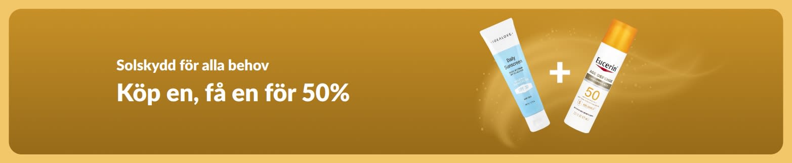 iHerbs kampanjbanner för solskyddsprodukter med erbjudandet ”köp en, få en för 50%”, där två hudvårdsprodukter med solskydd för daglig användning presenteras.