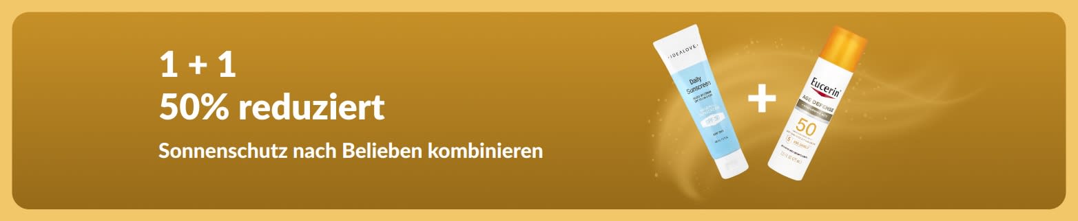iHerb Sonnencreme-Werbebanner mit 2 Sonnencremes mit 50% Rabatt auf ein Sonnenschutzprodukt beim Kauf eines anderen.