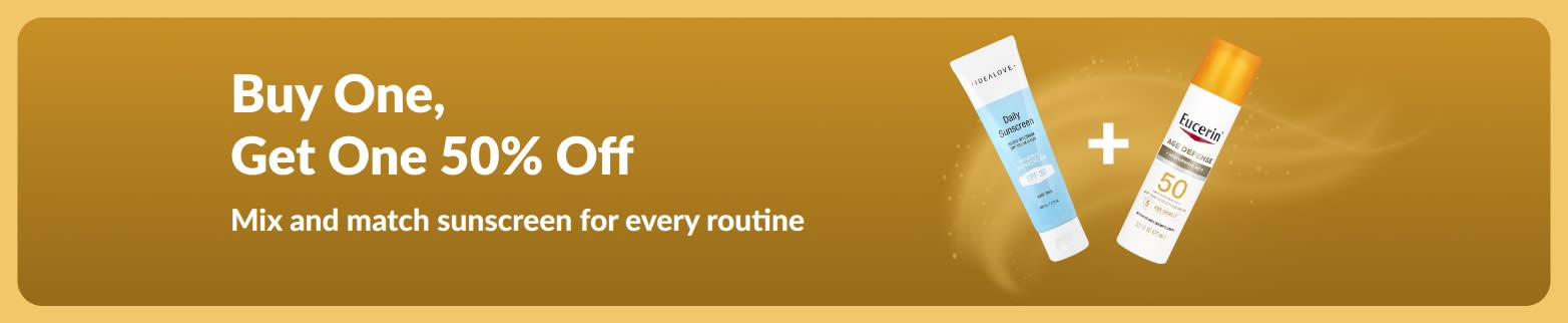 iHerb sunscreen promo banner offering buy one get one 50% off, featuring two SPF skincare products for daily use.