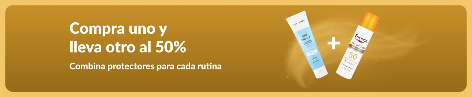 Banner promocional de iHerb con la oferta “Compra uno y lleva otro a mitad de precio” con productos del cuidado de la piel de uso diario.