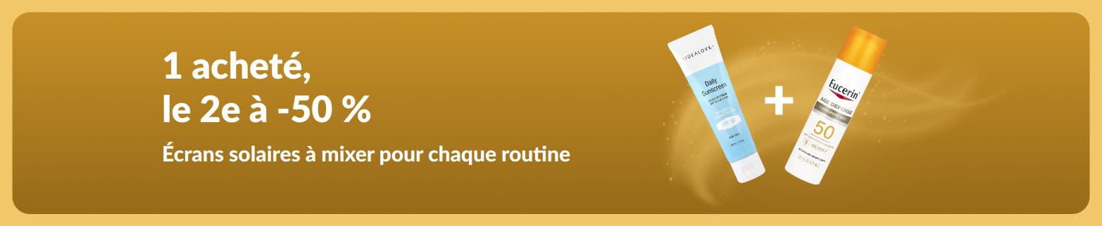 Bannière promo iHerb : 1 acheté, le 2e à -50 %, avec deux produits SPF pour un usage quotidien.