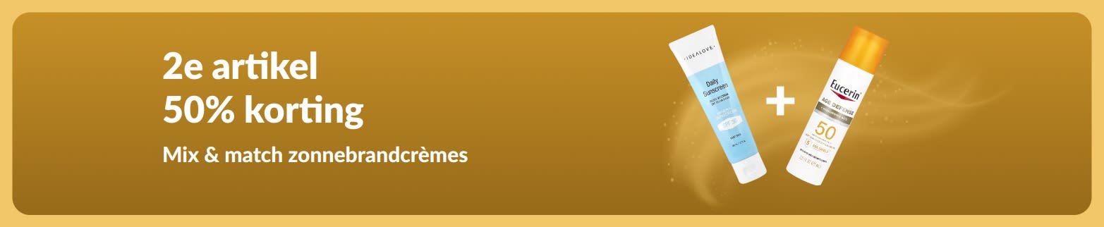 iHerb-promotiebanner voor zonnebrandcrème met een actie: 2e artikel 50% korting. De banner toont twee huidverzorgingsproducten met SPF voor dagelijks gebruik.