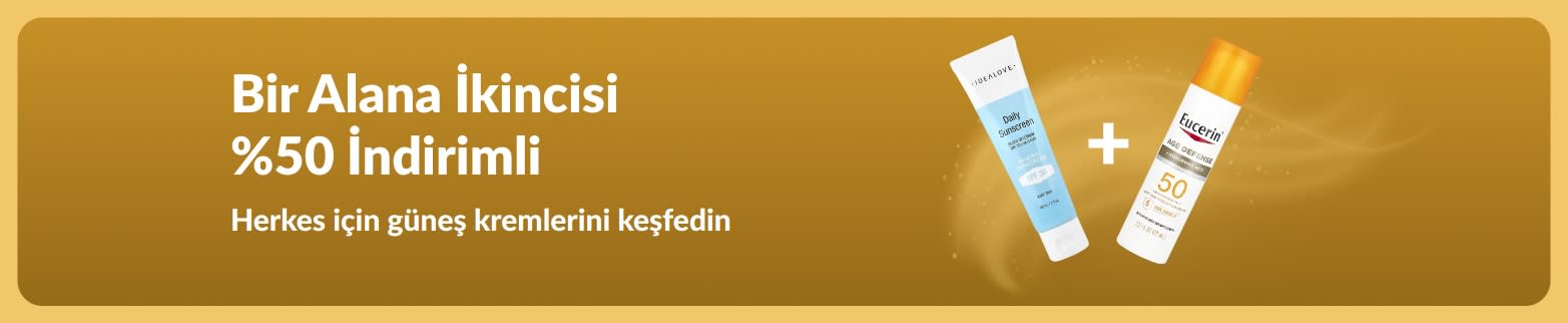 Günlük kullanım için iki SPF cilt bakım ürününü öne çıkaran, 1 Alana 2.si %50 İndirimli güneş kremi kampanyası iHerb banner’ı