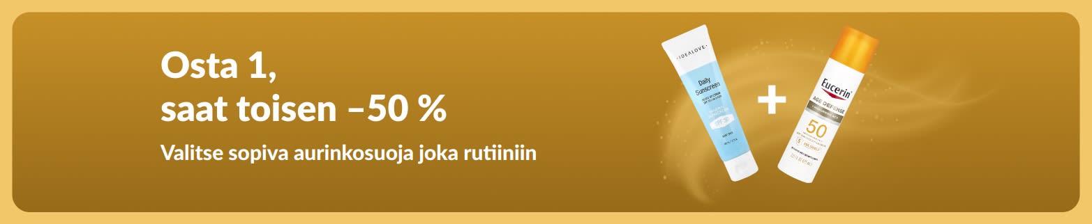 iHerbin mainosbanneri, joka tarjoaa toisen aurinkovoiteen –50 % kun ostat yhden. Kuvassa kaksi aurinkosuojatuotetta päivittäiseen käyttöön.