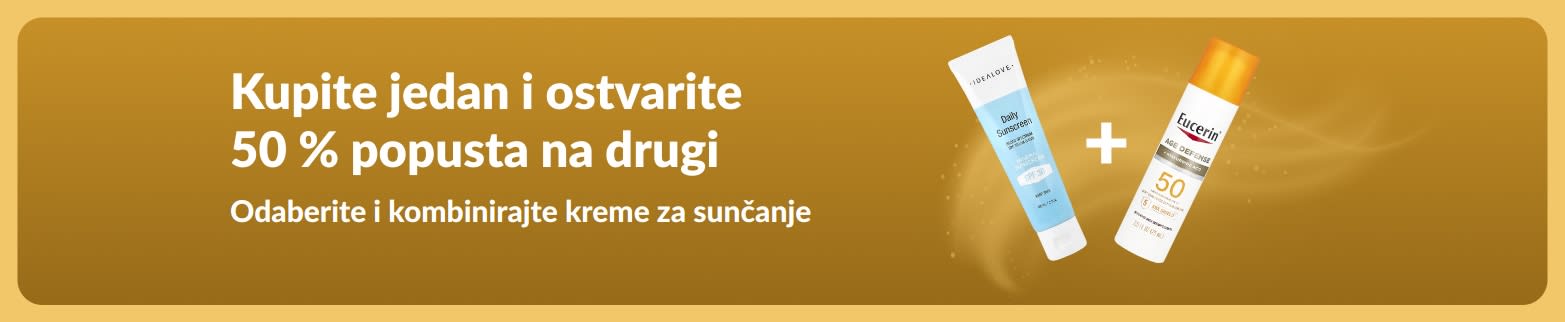 iHerb reklamni natpis za kreme za sunčanje koji promovira ponudu „Kupite jedan proizvod i ostvarite 50 % popusta na drugi“ s prikazom dva proizvoda sa SPF faktorom za svakodnevnu njegu kože.
