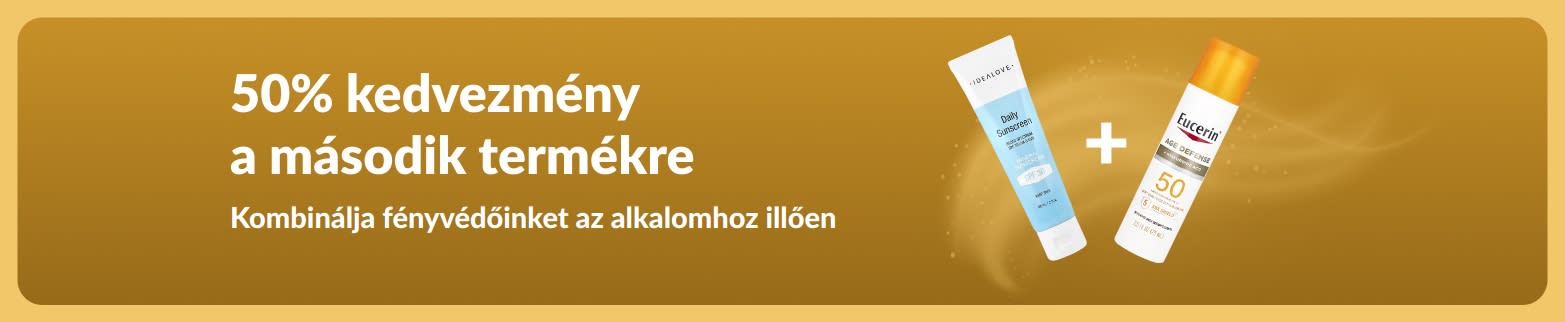 Az iHerb napvédő promóciós bannere, amelyen „-50% a második termékre” ajánlat szerepel, és amely két SPF-tartalmú fényvédőt ábrázol.