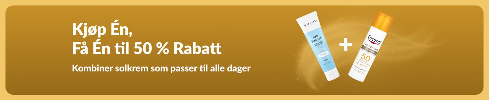 iHerb-kampanjebanner for solkrem: Kjøp én, få én til 50 % rabatt. Inneholder to SPF-hudpleieprodukter for daglig bruk.
