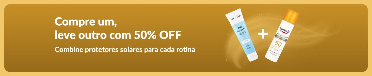 Banner promocional iHerb com protetores solares: compre um, leve outro com 50% OFF, com dois produtos de skincare com FPS para uso diário.