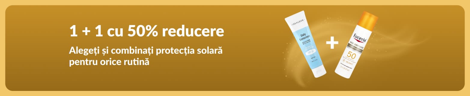 Banner iHerb cu protecție solară, cu oferta 1 + 1 cu 50% reducere și produse cu protecție solară pentru uz zilnic.