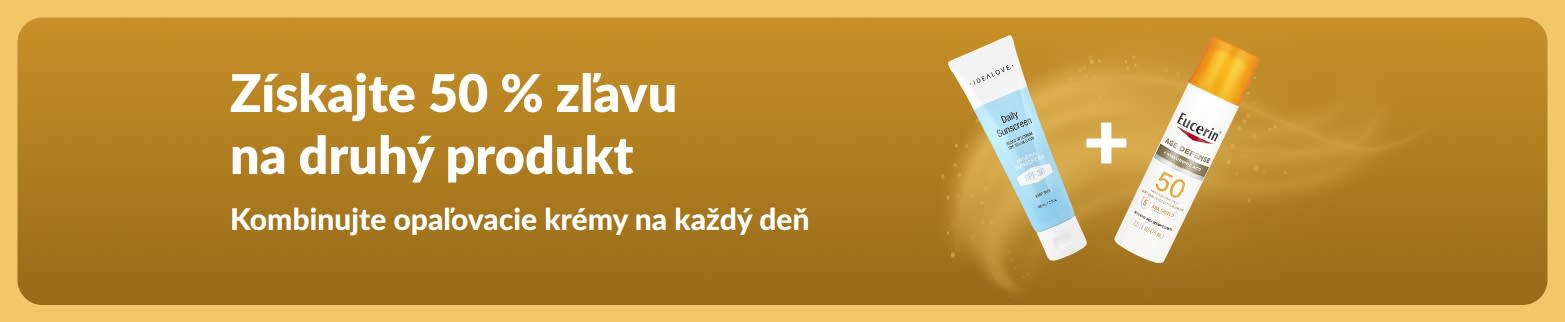 iHerb predajný baner, ktorý propaguje 50 % zľavu na druhý opaľovací krém s dvoma SPF krémami na každodenné použitie.
