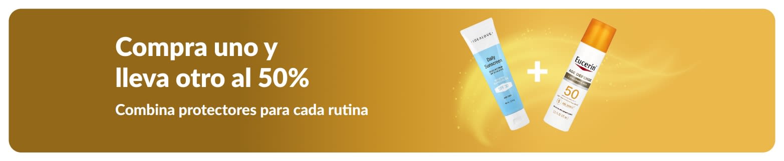 Banner promocional de iHerb con la oferta “Compra uno y lleva otro a mitad de precio” con productos del cuidado de la piel de uso diario.
