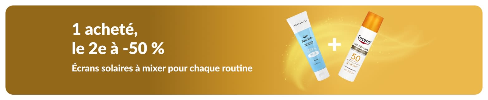 Bannière promo iHerb : 1 acheté, le 2e à -50 %, avec deux produits SPF pour un usage quotidien.