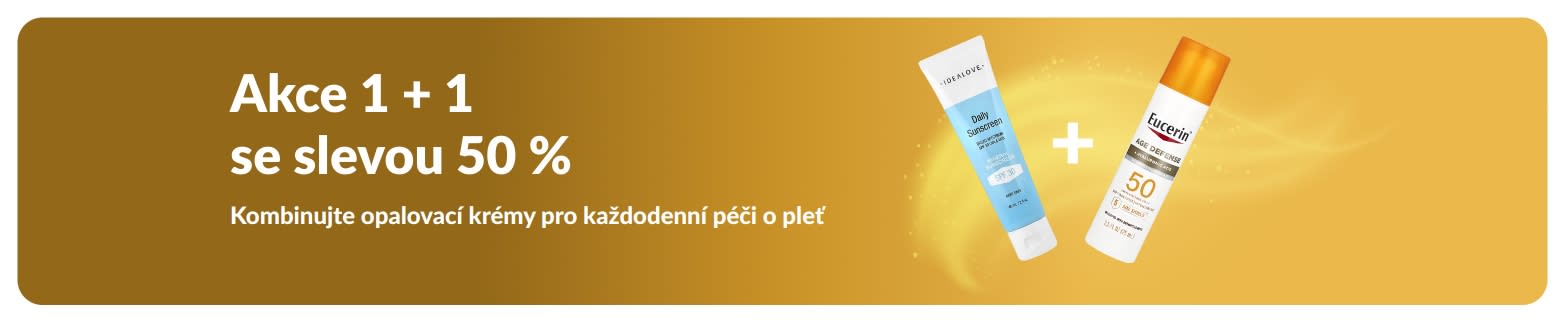 Promo banner iHerb na opalovací krémy s nabídkou „kupte jeden, druhý se slevou 50 %“, představující dva SPF produkty pro každodenní péči o pleť.