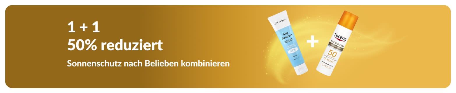 iHerb Sonnencreme-Werbebanner mit 2 Sonnencremes mit 50% Rabatt auf ein Sonnenschutzprodukt beim Kauf eines anderen.