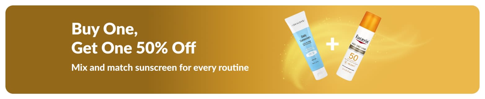 iHerb sunscreen promo banner offering buy one get one 50% off, featuring two SPF skincare products for daily use.