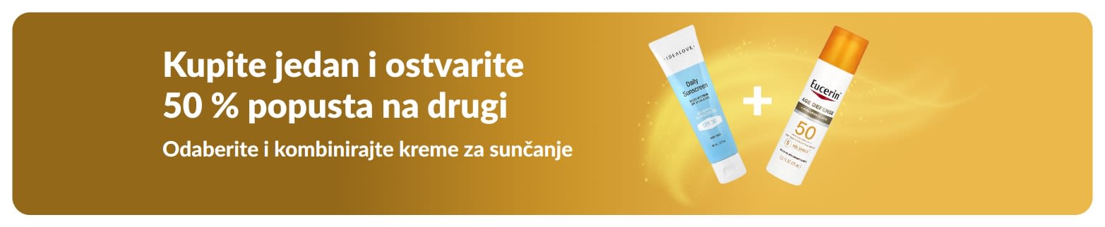iHerb reklamni natpis za kreme za sunčanje koji promovira ponudu „Kupite jedan proizvod i ostvarite 50 % popusta na drugi“ s prikazom dva proizvoda sa SPF faktorom za svakodnevnu njegu kože.
