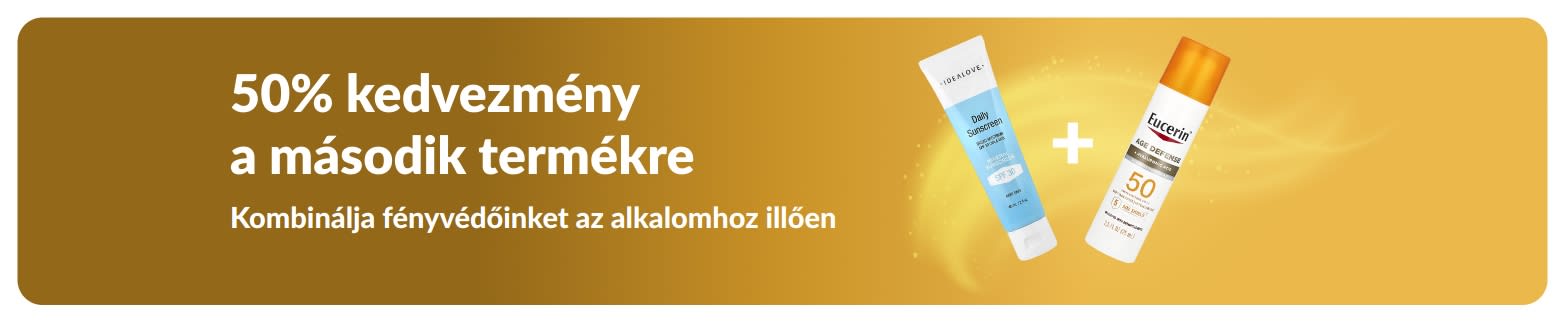 Az iHerb napvédő promóciós bannere, amelyen „-50% a második termékre” ajánlat szerepel, és amely két SPF-tartalmú fényvédőt ábrázol.