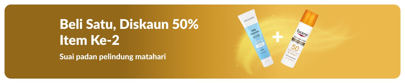 Sepanduk promosi pelindung matahari iHerb menawarkan beli 1 diskaun 50% item ke-2, dengan 2 produk penjagaan SPF untuk kegunaan harian.