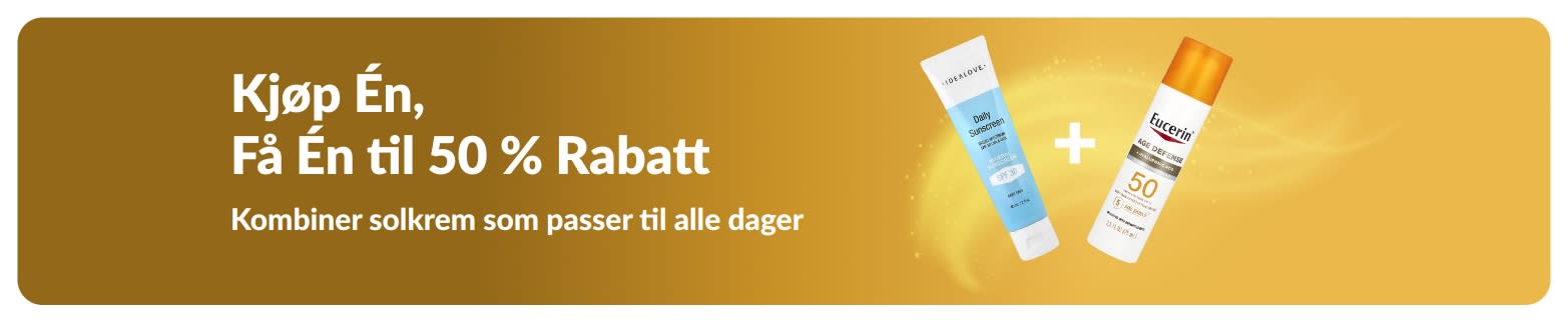 iHerb-kampanjebanner for solkrem: Kjøp én, få én til 50 % rabatt. Inneholder to SPF-hudpleieprodukter for daglig bruk.