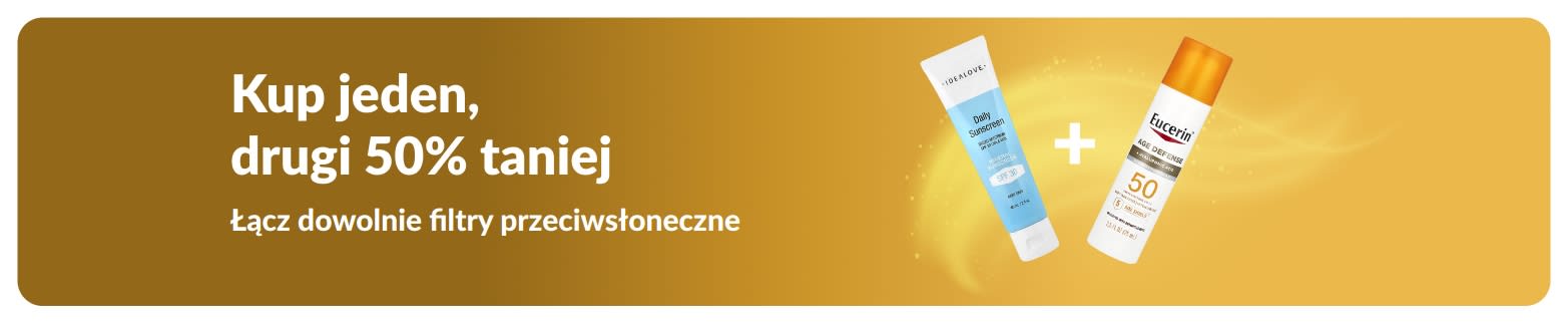 Banner promocyjny iHerb na filtry przeciwsłoneczne z ofertą »Kup 1, drugi 50% taniej«, przedstawiający dwa produkty SPF do pielęgnacji skóry do codziennego użytku