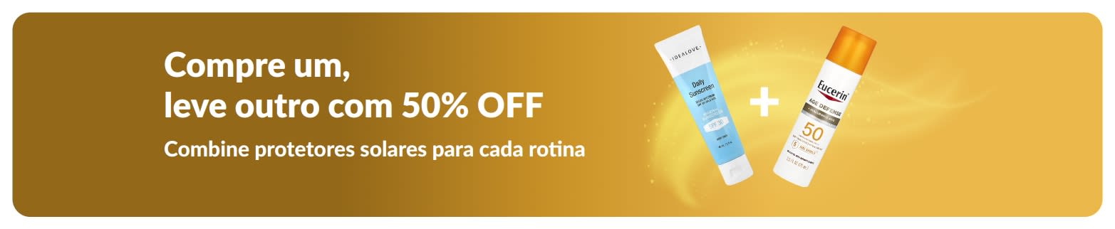 Banner promocional iHerb com protetores solares: compre um, leve outro com 50% OFF, com dois produtos de skincare com FPS para uso diário.
