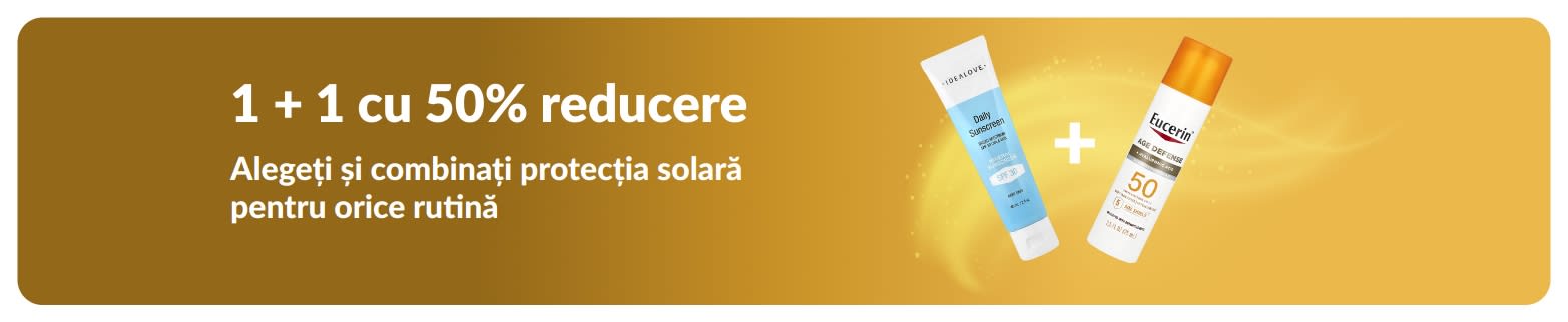 Banner iHerb cu protecție solară, cu oferta 1 + 1 cu 50% reducere și produse cu protecție solară pentru uz zilnic.