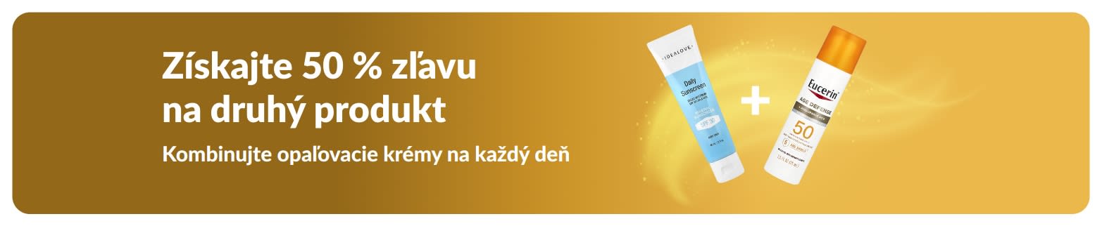 iHerb predajný baner, ktorý propaguje 50 % zľavu na druhý opaľovací krém s dvoma SPF krémami na každodenné použitie.