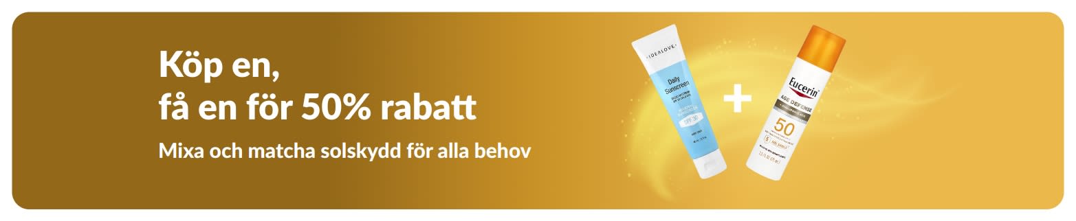 iHerb kampanjbanner för solskydd som erbjuder Köp en, få en för halva priset, med två solskyddsprodukter för daglig användning.