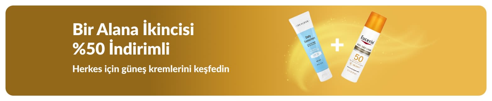 Günlük kullanım için iki SPF cilt bakım ürününü öne çıkaran, 1 Alana 2.si %50 İndirimli güneş kremi kampanyası iHerb banner’ı